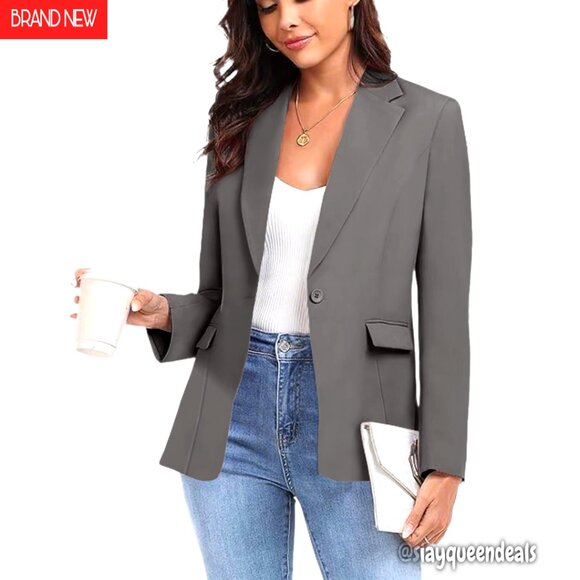 Petite Work Blazer Notched Lapel One Button Business Office Jacket